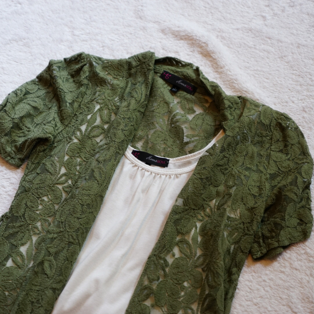 Two-Piece (Connected) White Tank with Green Lace